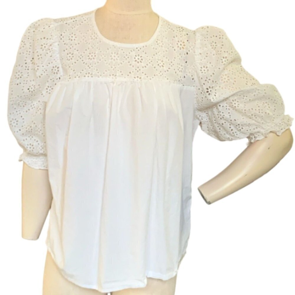 English Factory Puff Sleeve Blouse 100% Cotton White‎ Eyelet Upper Sz XL 138L